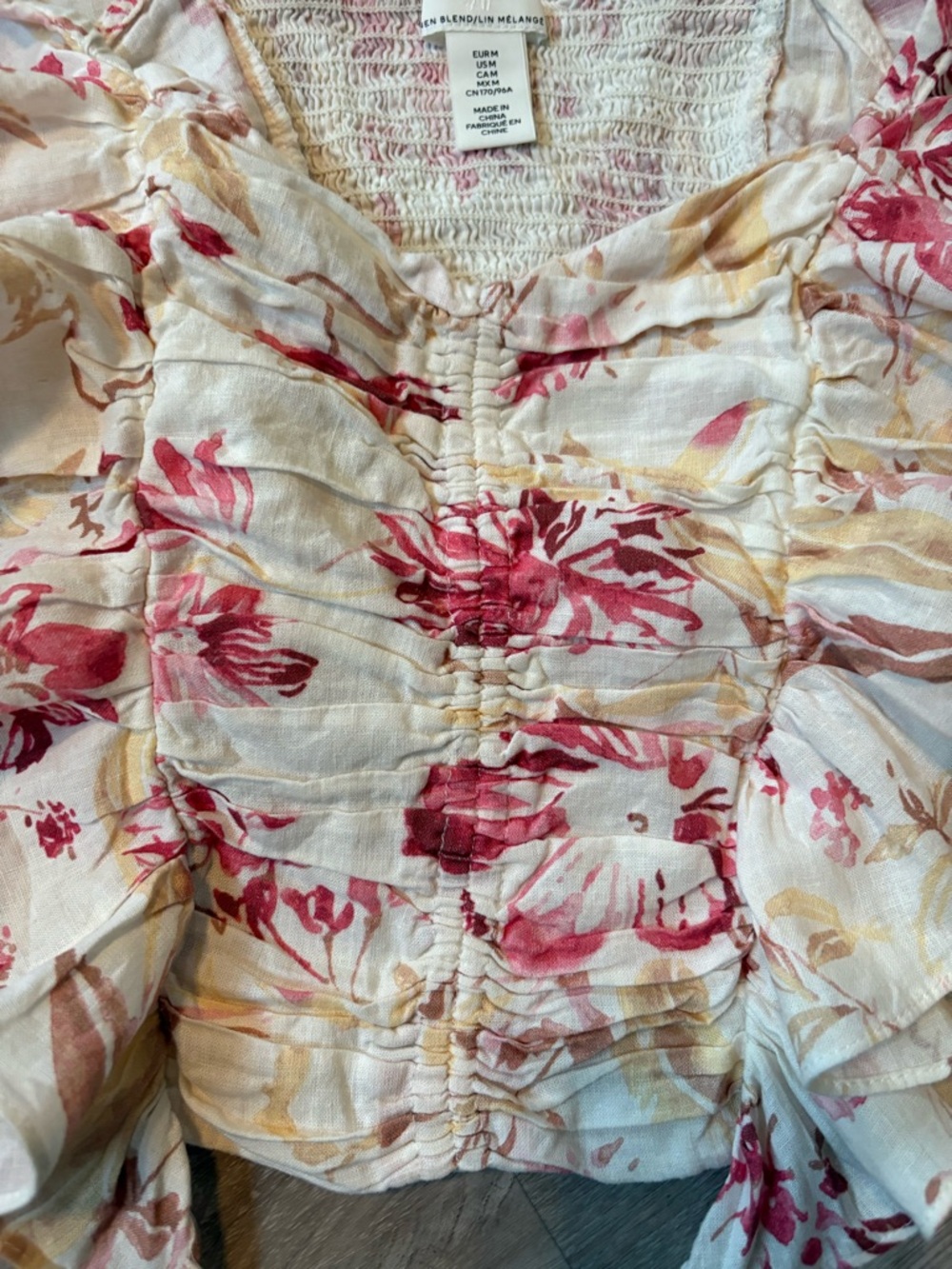 H&M Crop Floral Ruffle Smocked Women's Top Pink/Cream Linen Blend Size M - Picture 5 of 11